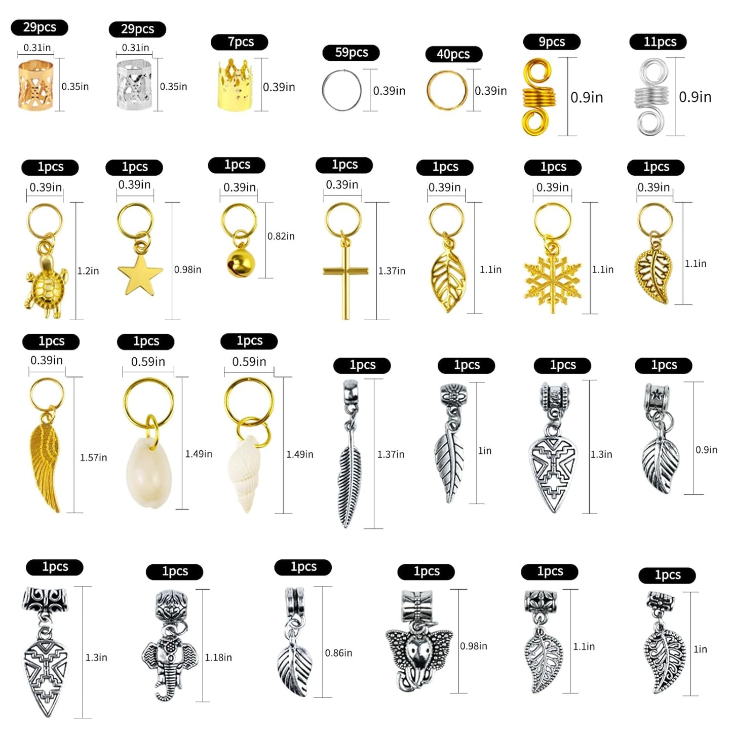 Hair Jewelry 400 PCS Hair Jewelry for Braids Loc Jewelry for Hair Dreadlock Metal Gold Silver Clips Shells Imitation Wood Beads Hair Charms Women Decoration Hair Accessories Dreadlock Beads Women