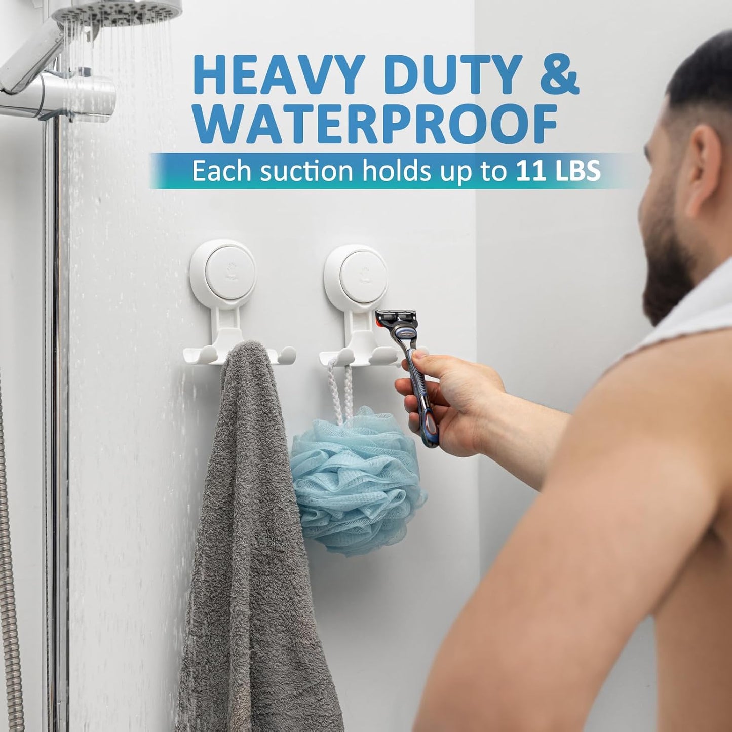 TAILI Suction Cup Razor Holder in Shower 2 Pack, Towel, Loofah, Shaver Holder for Bathroom Wall, Powerful Suction Cup Shower Hooks, Easy to Install and Reuse, White