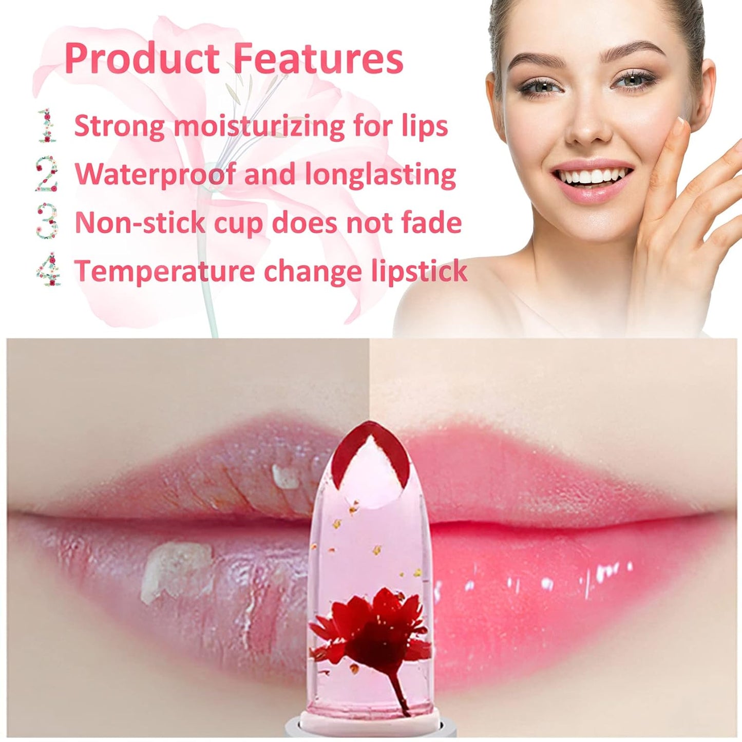 2 Pack Crystal Flower Jelly Lipstick,Magic Color Changing Lipstick,PH Clear Temperature Color Changing Lip Gloss,Lip Balm,Long Lasting Nourishing Moisturizing Lip Stick Set H