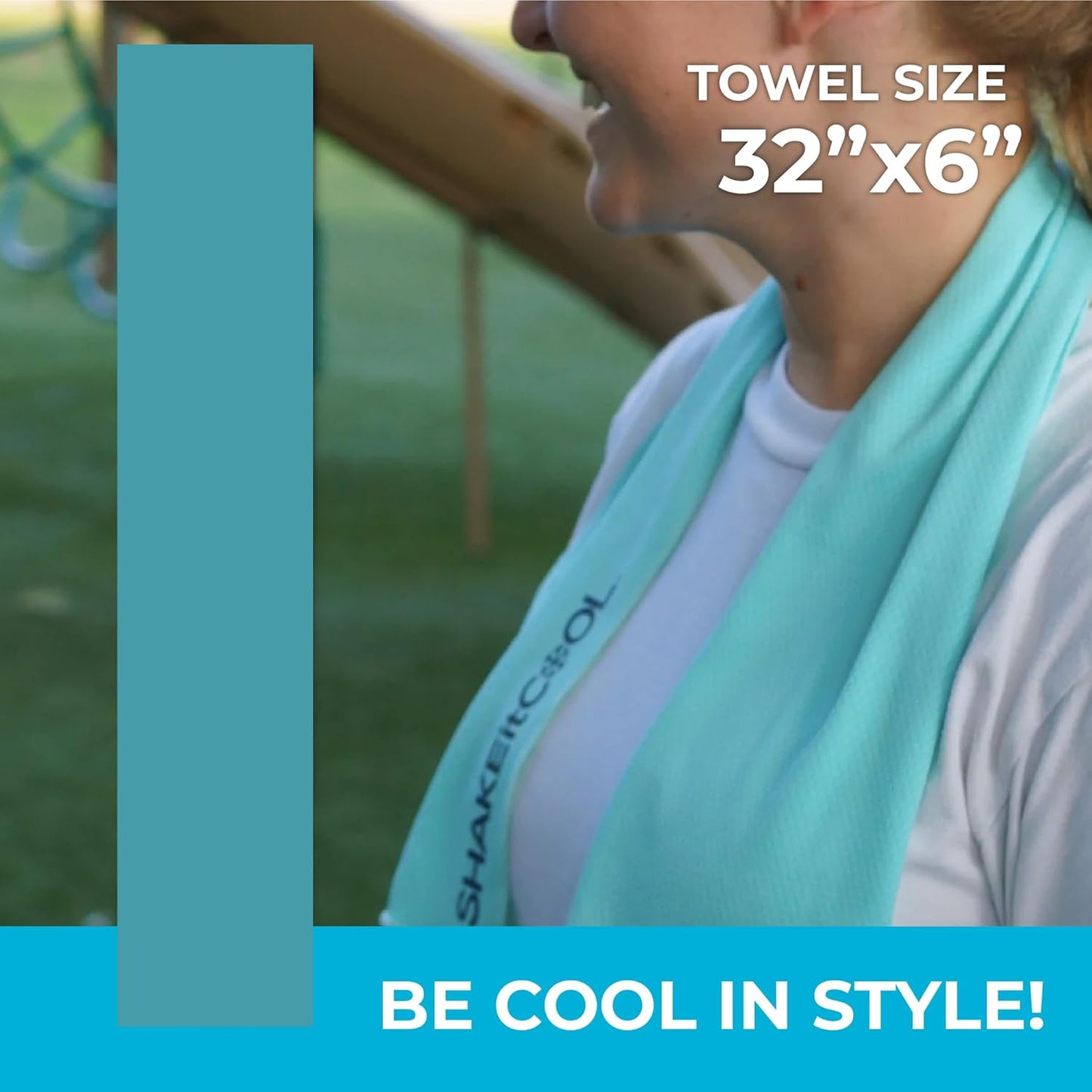 SHAKEitCOOL Original Cooling Towel – Be Cool in Style - Heat Relief, Soft, Lightweight, Sun Protection, Easy Clean - Perfect for Biking, Running, Yoga, Gym, Gardening - Teal