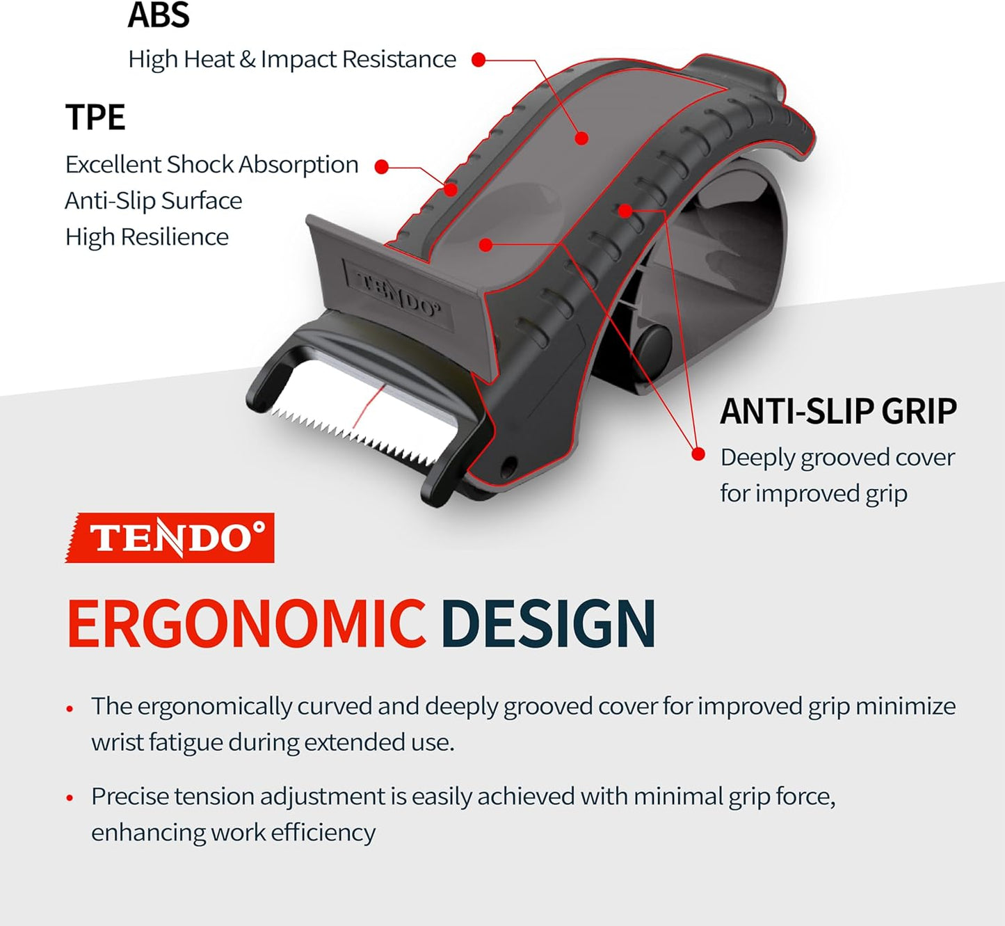 Heavy Duty Shipping Tape Dispenser: TENDO° Premium Line – Reusable, Replaceable, Eco-Friendly 2’’ Master Piece Dispenser for Pros with Patented 10° Sloped Chromium Blades - P-2200 (4th Gen.)_Gray