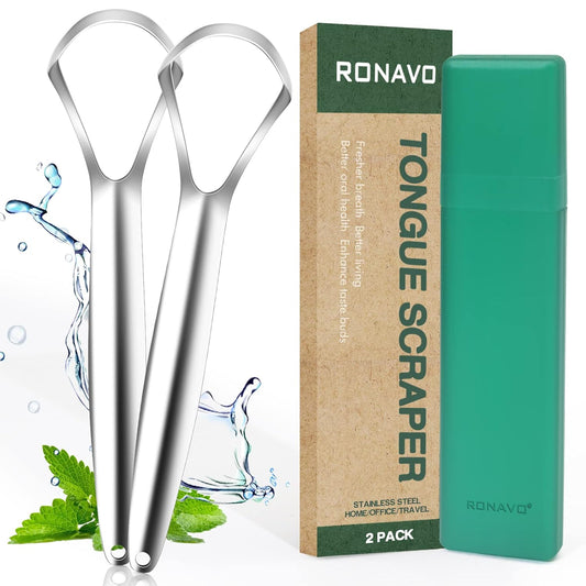 RONAVO Tongue Scraper (2 Pack), Cure Bad Breath, Stainless Steel Tongue Cleaners, Metal Tongue Scrapers Fresher Breath in Seconds