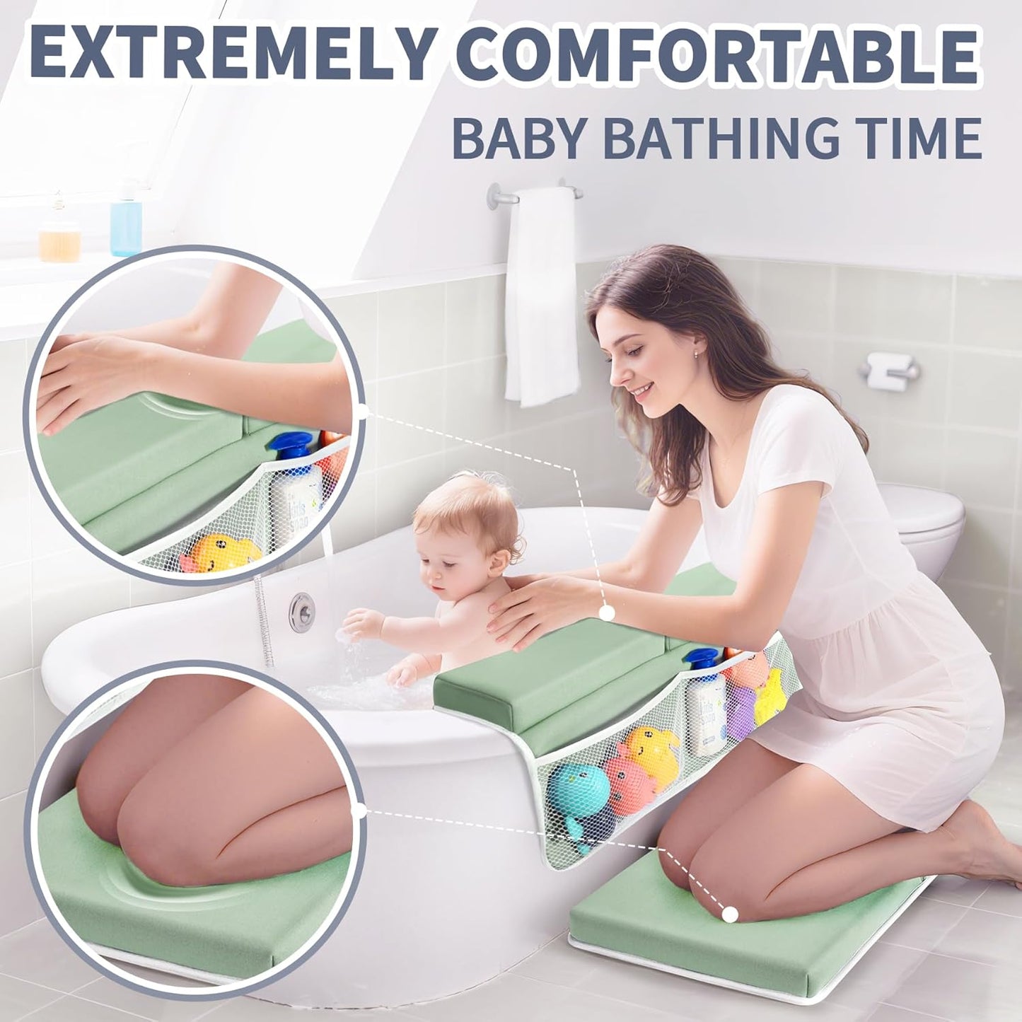 URMYWO Bath Kneeler and Elbow Rest Pad Set - 1.5" Thick Baby Bath Kneeler Pads with Toys Organizer, Anti-Slip Cozy Knee & Arm Support Bathtub Mat, Quick Dry Kneeling Pad for Baby Bath Time