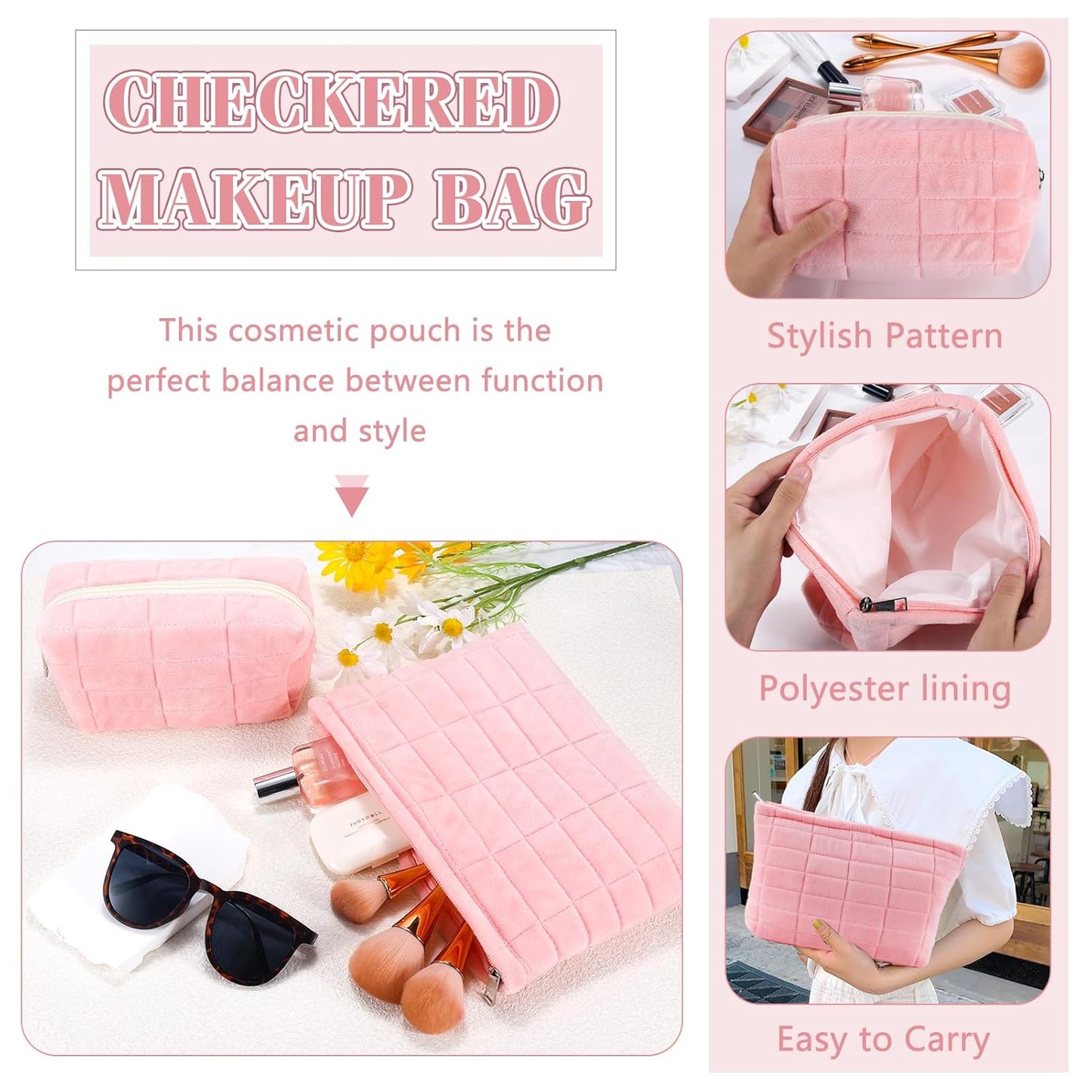 ZLFSRQ 2Pcs Makeup Bag for Women Trendy Large Capacity Cosmetic Bags Plush Pencil Case Pink Checkered Pouch for Purse Coquette Zippered Toiletry Bag Organizer Y2K Aesthetic Pencil Pouch