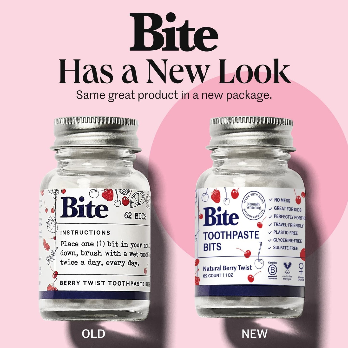 Bite Whitening Toothpaste Tablets – Nano Hydroxyapatite & Xylitol (Berry Twist) | Sensitive Teeth & Kid-Friendly | No Fluoride, Vegan, Cruelty-Free | Travel-Size | 2 Bottles (124 Bits) | Made in USA