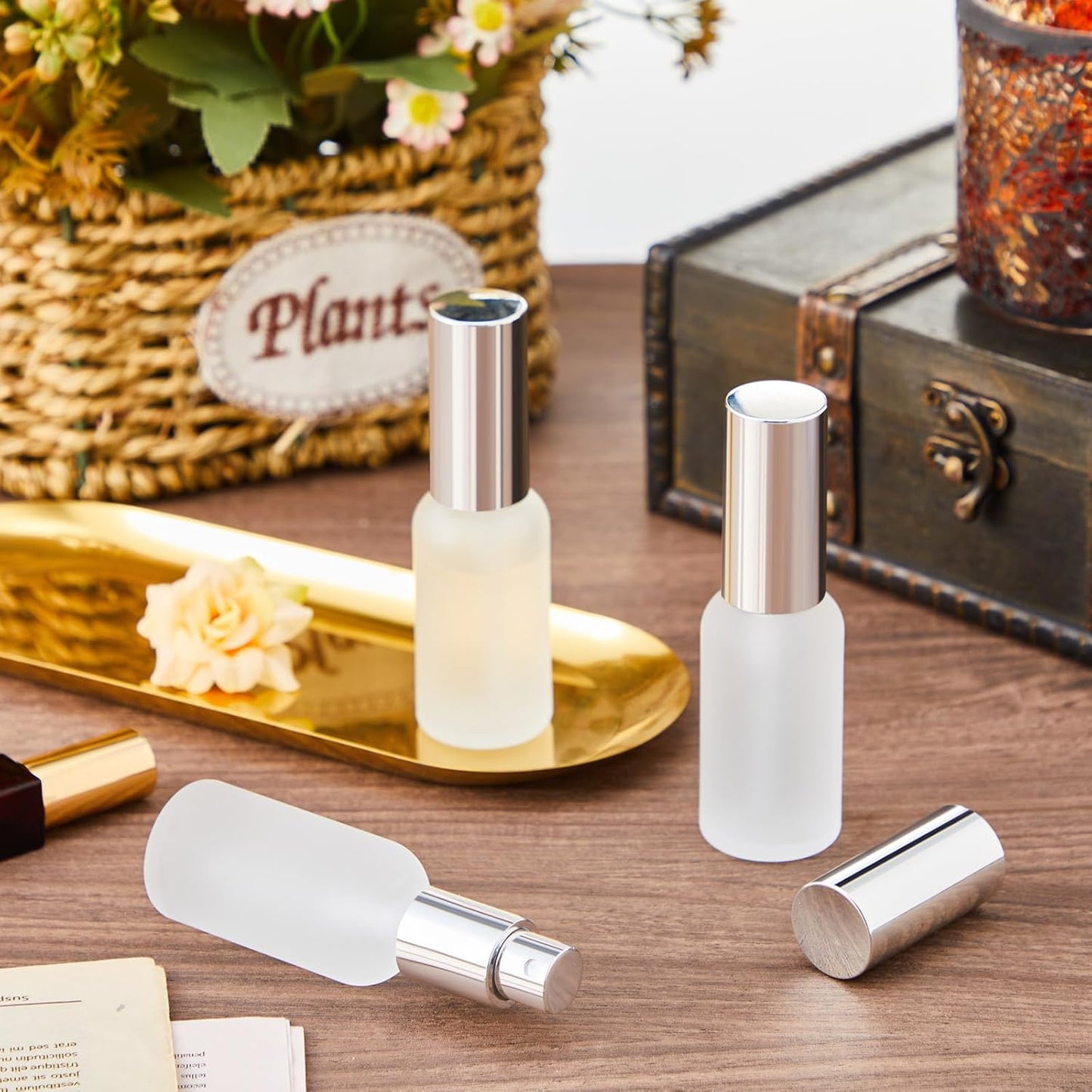 Roshtia 30 Pcs 1 oz/ 30 ml Silver Glass Spray Bottle Refillable Perfume Atomizer Clear Decorative Empty Bottles with Fine Mist Sprayer Pump for Face Body Travel