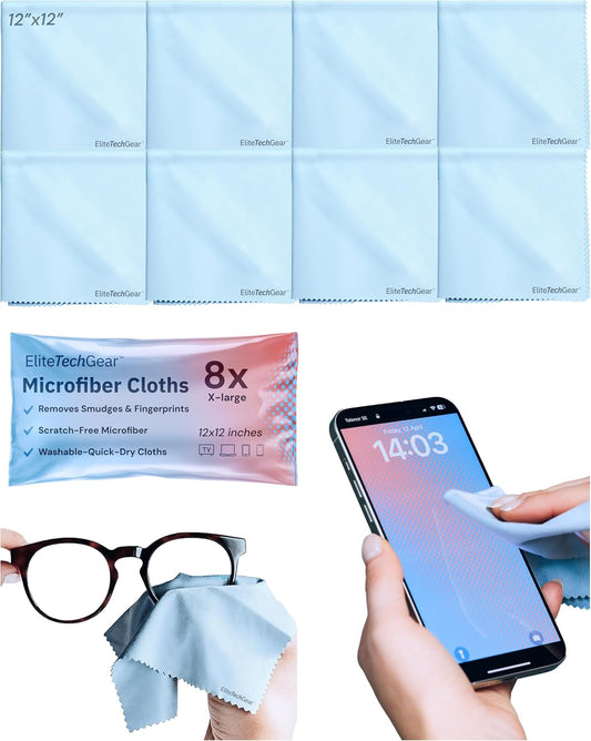 Elite Screens Microfiber Cleaning Cloth for Glasses - 12 x 12 in, Blue, 8-Pack - Lens & Screen Cleaning Cloth for Eyeglasses, Sunglasses & Electronics