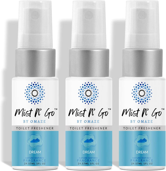Mist N’ Go by Omaze Travel Bathroom Spray for Toilet Spray Odor Eliminator - Travel Toilet Spray for Bathroom Air Freshener Spray for Bathroom Deodorizer - Dream Travel Size (1oz x3)