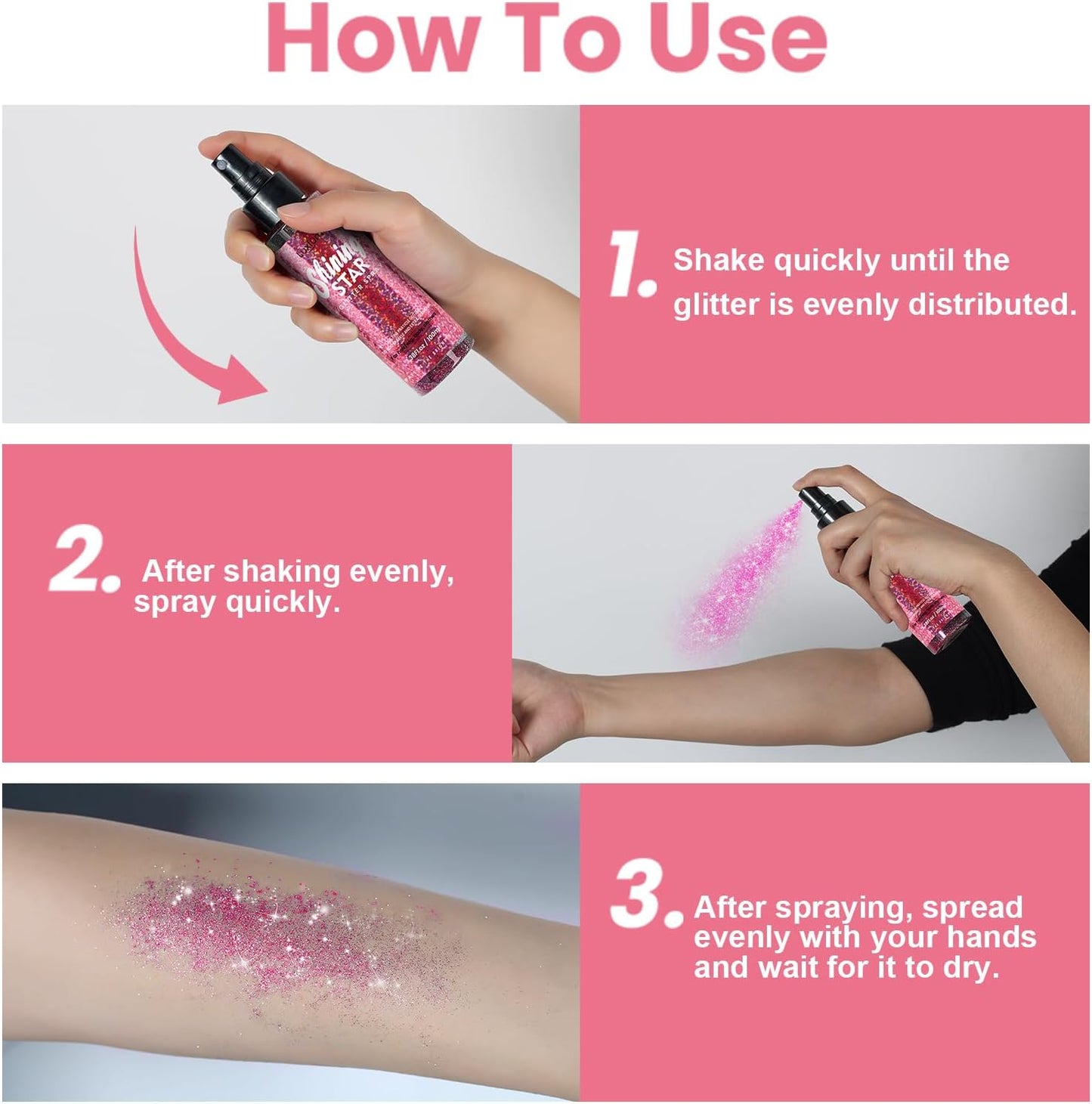 Pink Body Glitter Spray & Glitter Hairspray - Long-Lasting, Ultra-Shiny, Quick-Dry, Waterproof, Non-Clog Nozzle Design for Parties, Dances, Festivals, and Special Events