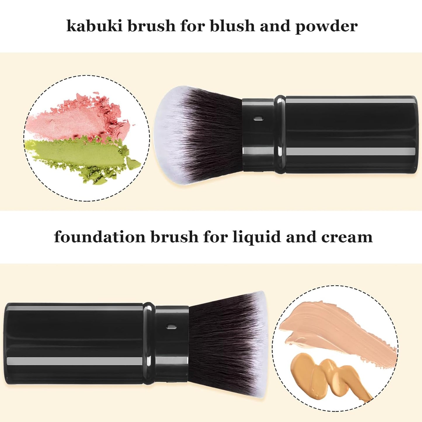 Retractable Makeup Brush 2 Pack, Travel Kabuki Powder Foundation Makeup Brush Face Blush Brushes for Blending Liquid, Blush, Bronzer, Buffing, Sunscreen,Flawless Cosmetics