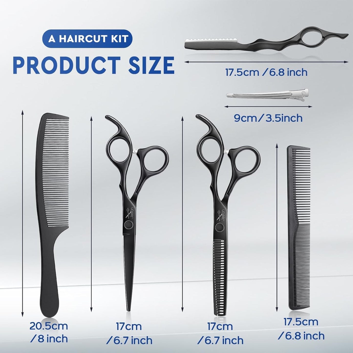 JASON Hair Cutting Scissors Set - Professional 10 PCS Haircut Scissors kit, Thinning Blender Scissors, Straight Shears with 30 Teeth for Men Women Home Salon Barber (6.5", Black)