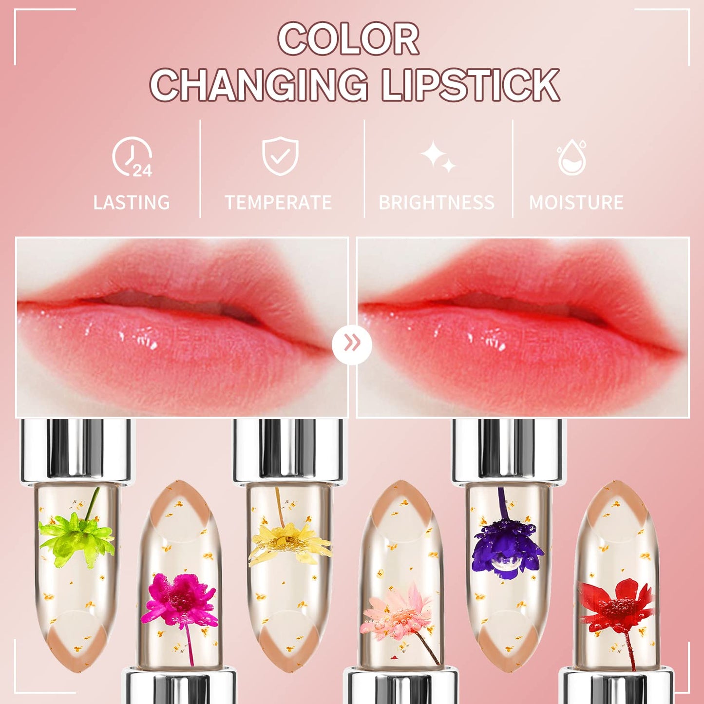 BestLand 3 Pcs/Set Flower Jelly Lipstick Set Temperature Change Moisturizer Long Lasting Nutritious Glossy Shine Lip Balm Magic Gold Crystal PH Color Change Lip Gloss for Women