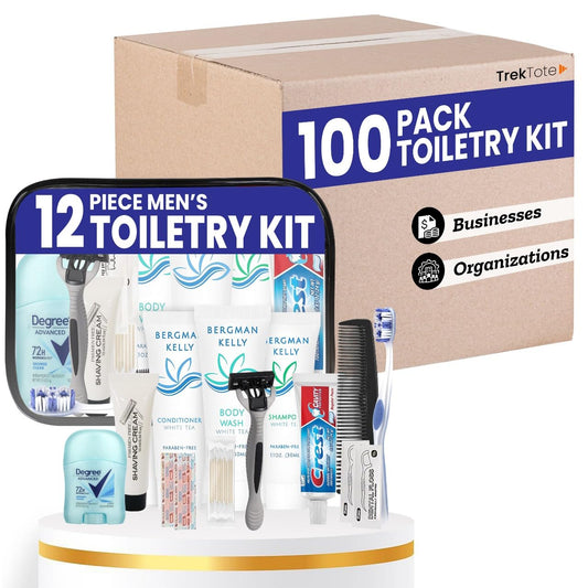Trektote Bulk Hygiene Kit For Men – (100 Pack) 12 Piece Set Of Travel Size Toiletries, TSA Compliant, Bulk Travel Essentials, Includes Shampoo And Conditioner, Body Wash, Toiletry Bag & More
