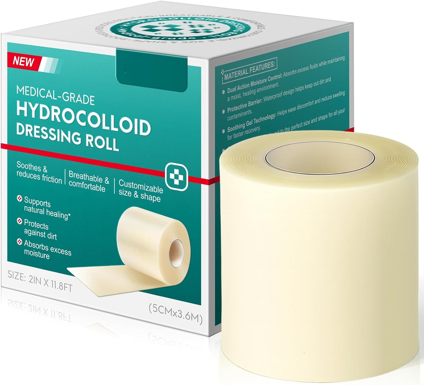 Hydrocolloid Roll for Wound Care, 2in*12ft Hydrocolloid Bandages Patch with Self-Adhesive, Cut-to-Size Ultra Absorbent, Flexible & Waterproof, First Aid Kit Essential