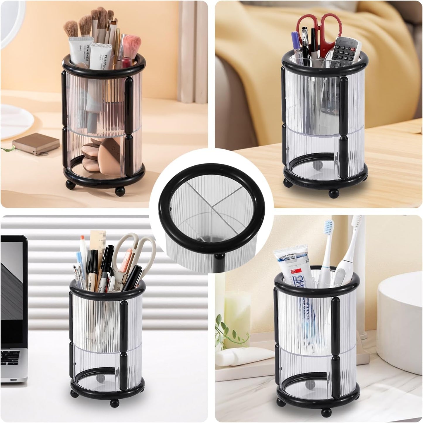 Makeup Brush Holder, 2 Tier Clear Cosmetic Tools Organizer, Round Makeup Organizer for Vanity Countertop (Black)