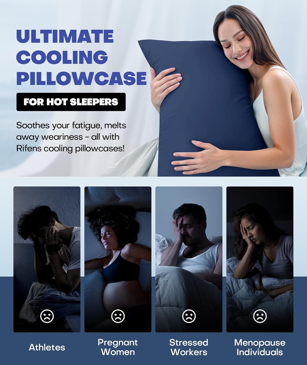 Ice Cooling Pillowcase for Hot Sleepers, Instantly Cool, Stays Cold All Night, Softer Than Silk Pillow Cases, Pillow Covers with Invisible Zipper, Gift for Men & Women - Queen Size, Navy Blue (1 Pack)