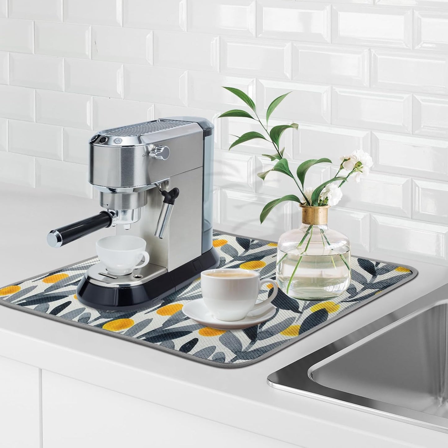 SHIYUE Dish Drying Mat for Kitchen Counter Super Absorbent Spring Kitchen Decor Microfiber Drying Matainers Rack Fast Pad Dish Drainer Mats(Watercolor Leaves,16''x18'')