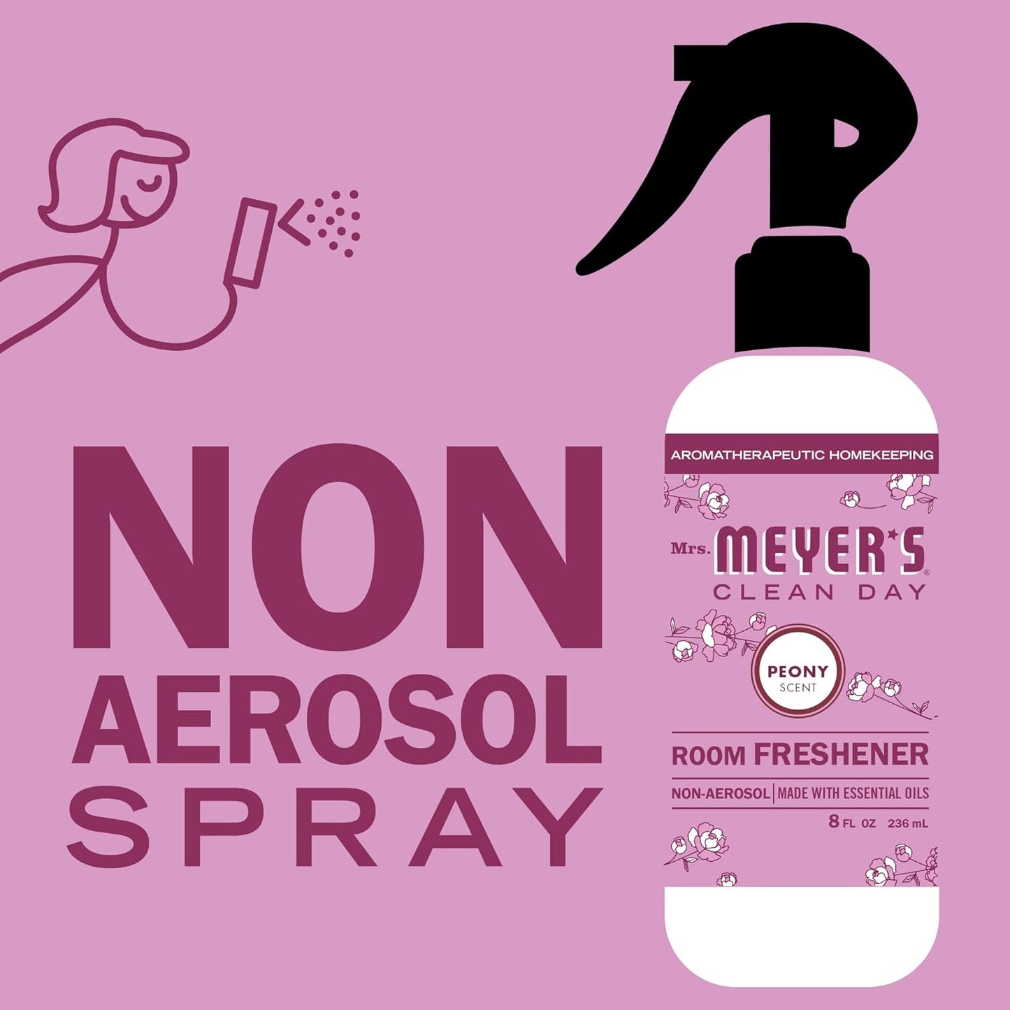 MRS. MEYER'S CLEAN DAY Room and Air Freshener Spray, Non-Aerosol Spray Bottle Infused with Essential Oils, Peony, 8 fl. oz - Pack of 3