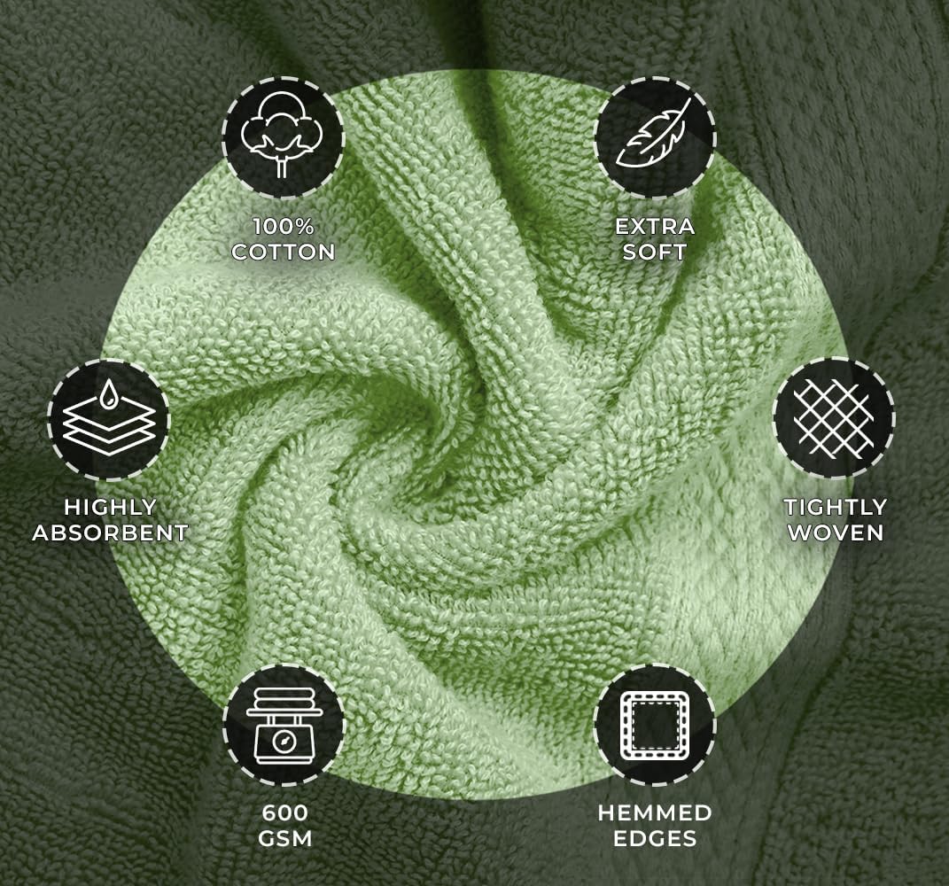 Avalon Towels Green Bath Towels Set of 4 pcs (27x54 inches), 100% Cotton Towel Absorbent and Quick Dry Green Bath Towels for Bathroom, Super Soft and Perfect for Daily Use