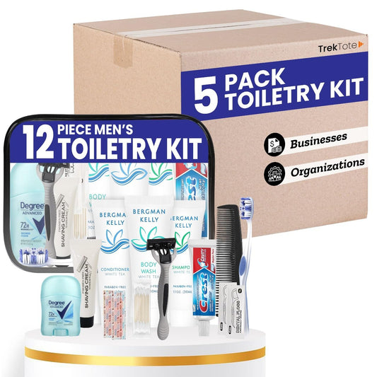 Trektote Bulk Hygiene Kit For Men – (5 Pack) 12 Piece Set Of Travel Size Toiletries, TSA Compliant, Bulk Travel Essentials, Includes Shampoo And Conditioner, Body Wash, Toiletry Bag & More