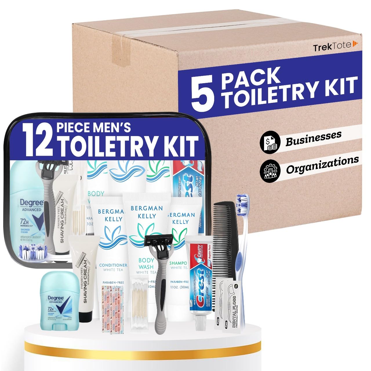 Trektote Bulk Hygiene Kit For Men – (5 Pack) 12 Piece Set Of Travel Size Toiletries, TSA Compliant, Bulk Travel Essentials, Includes Shampoo And Conditioner, Body Wash, Toiletry Bag & More