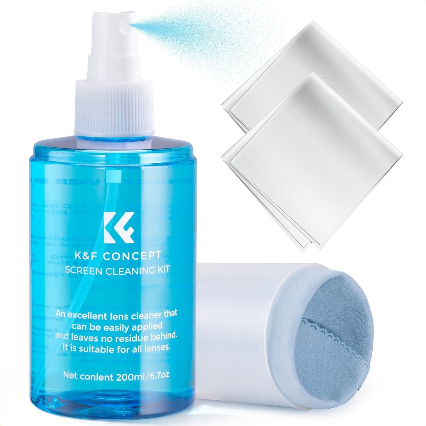 K&F CONCEPT Screen Cleaner Spray, with 2 Microfiber Cleaning Cloth, Touchscreen Cleaning Kit for LCD LED DVD TV, Smartphone, iPad, Laptop, Tablet Monitor, Computer Monitor, Electronic Devices (200ml)