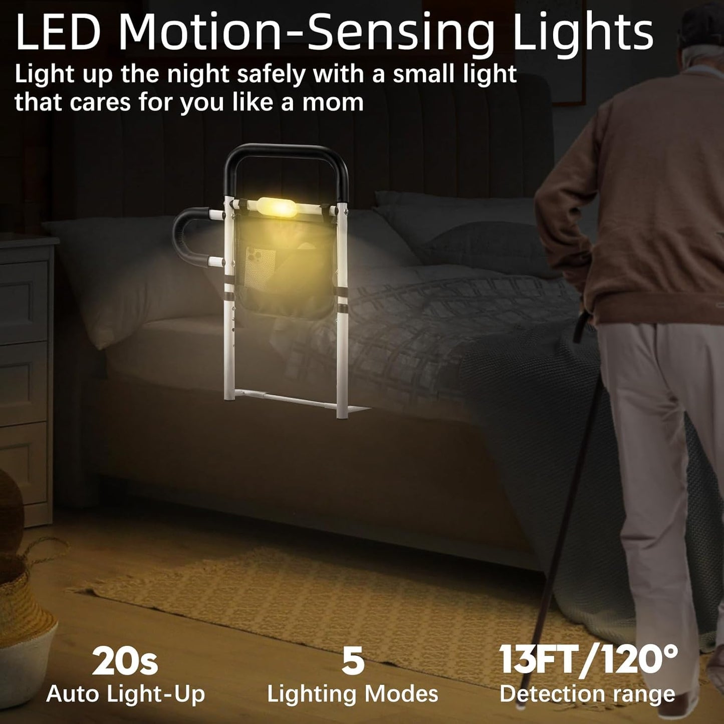 Bed Rails for Elderly Adults Safety, Adjustable Bed Rail with LED Motion Sensor Light, Bed Handle Bedside Assist for Grab Bar with Storage Pouch, Bed Side Rails Fits Twin Full Queen King Grey