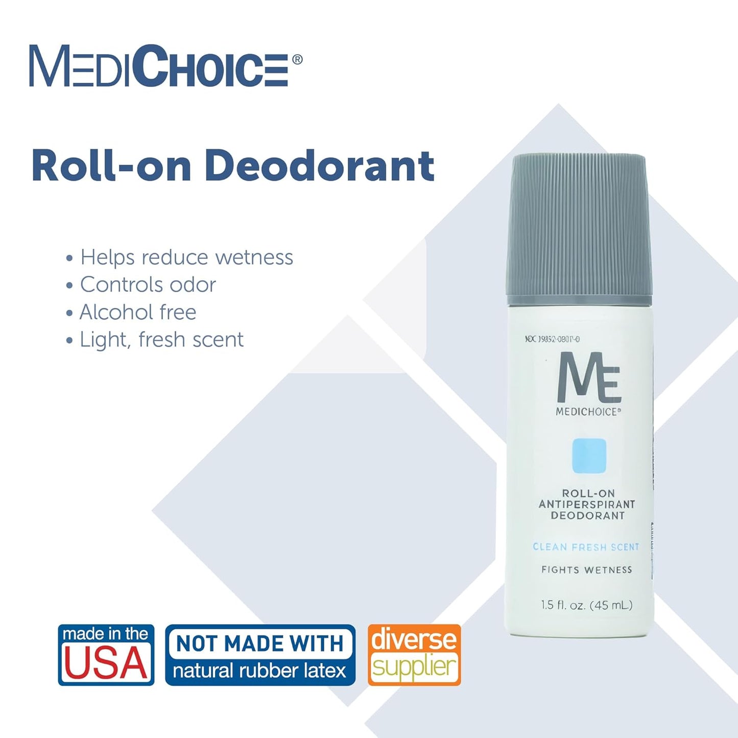 MediChoice Roll On Deodorant Antiperspirant Lightly Scented Unisex Neutralizes Odor Sensitive Skin Travel Size Alcohol Free Bulk 1.5 Oz PC5015 (96 Pack)
