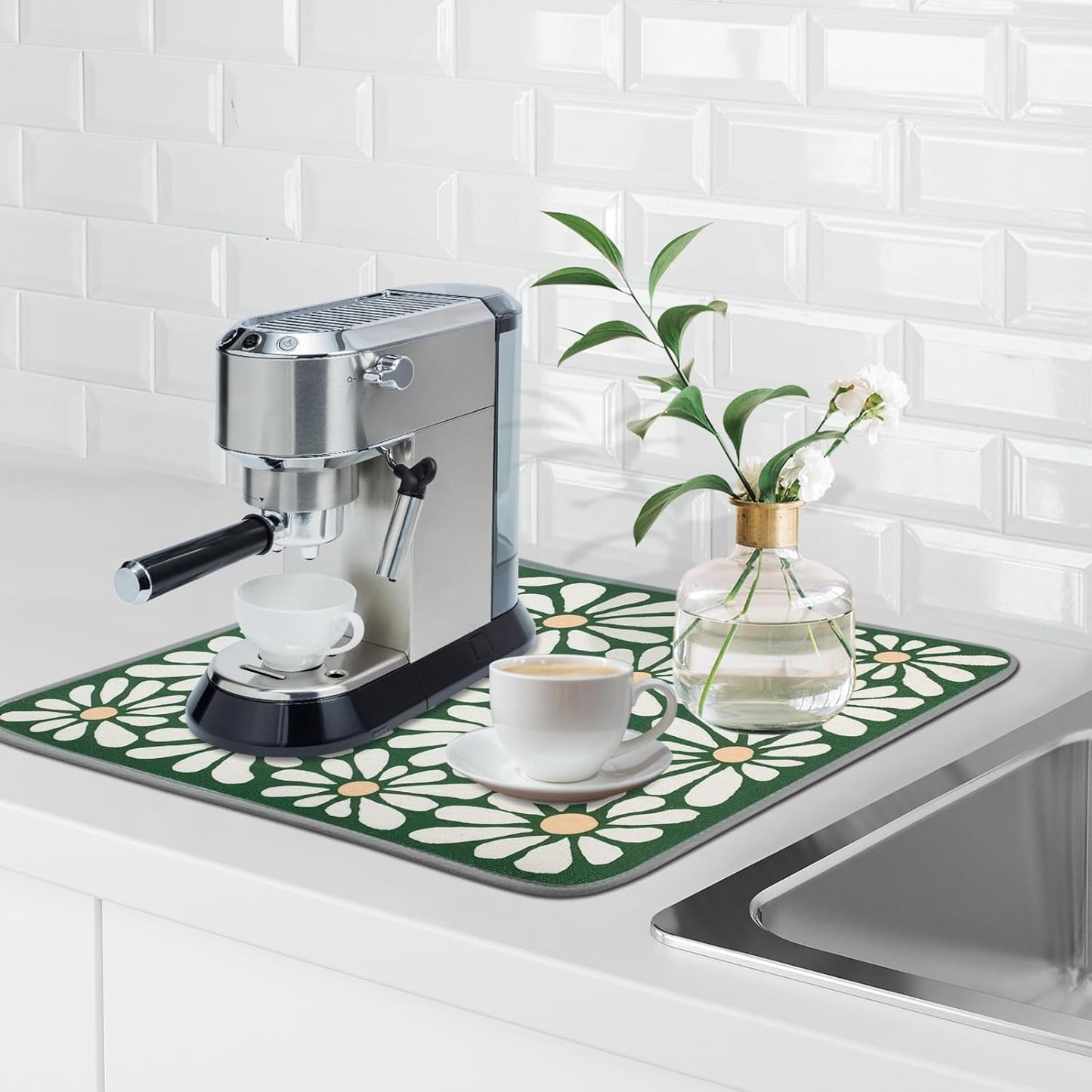 SHIYUE Dish Drying Mat for Kitchen Counter Super Absorbent Spring Kitchen Decor Microfiber Drying Matainers Rack Fast Pad Dish Drainer Mats(Green Flower,16''x18'')