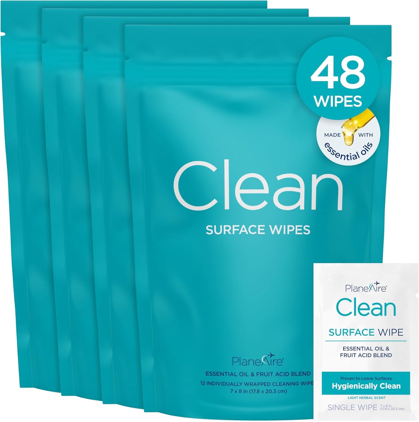 Clean Wipes | Surface Cleaning Wipes | Individually Wrapped Travel Wipes | All Purpose Cleaning Wipes | Airplane Travel Essentials | Travel Cleaning Supplies | On the Go | Essential Oils | 4 Pack