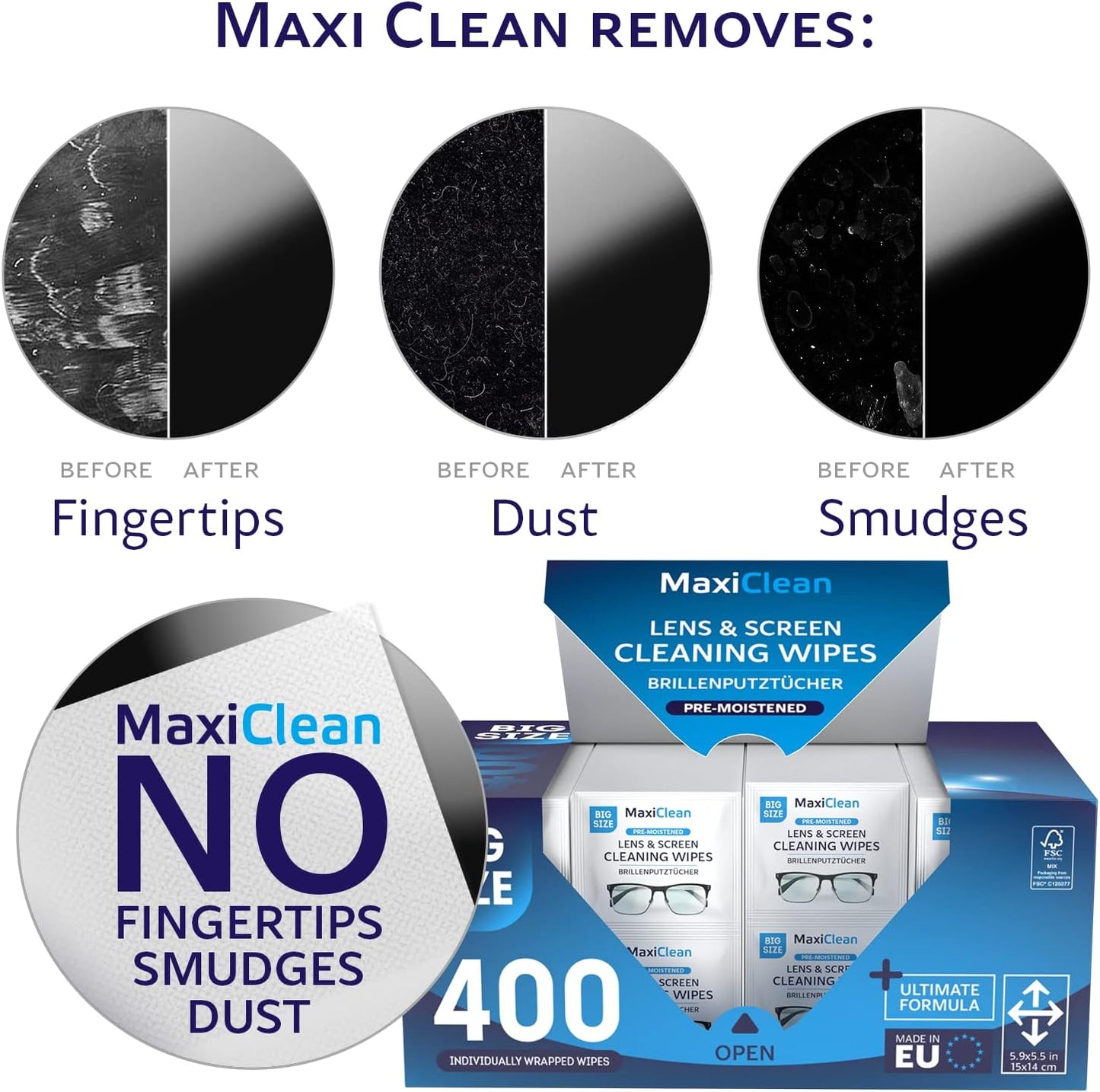 Glasses Wipes Lens Cleaner - Lens Wipes for Eyeglasses - 400 Pre-moistened Individually Wrapped Wipes for Eye Glasses, Electronics, Phone, Computer, Laptop Screen - Camera Lens Cleaner - Made in EU