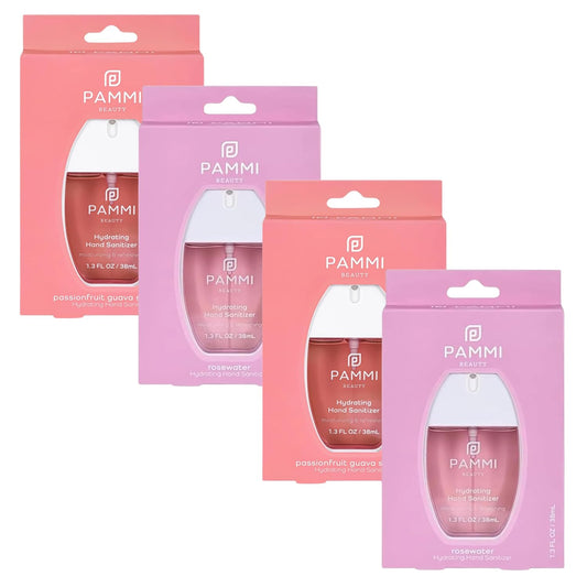 PAMMI Power Mist Hydrating Hand Sanitizer Spray, Portable Travel Size Pocket Hand Sanitizer, Scented Handsanitizer Mini Spray For Car - 600 Sprays (4 Packs (2 Rose and 2 Guava))