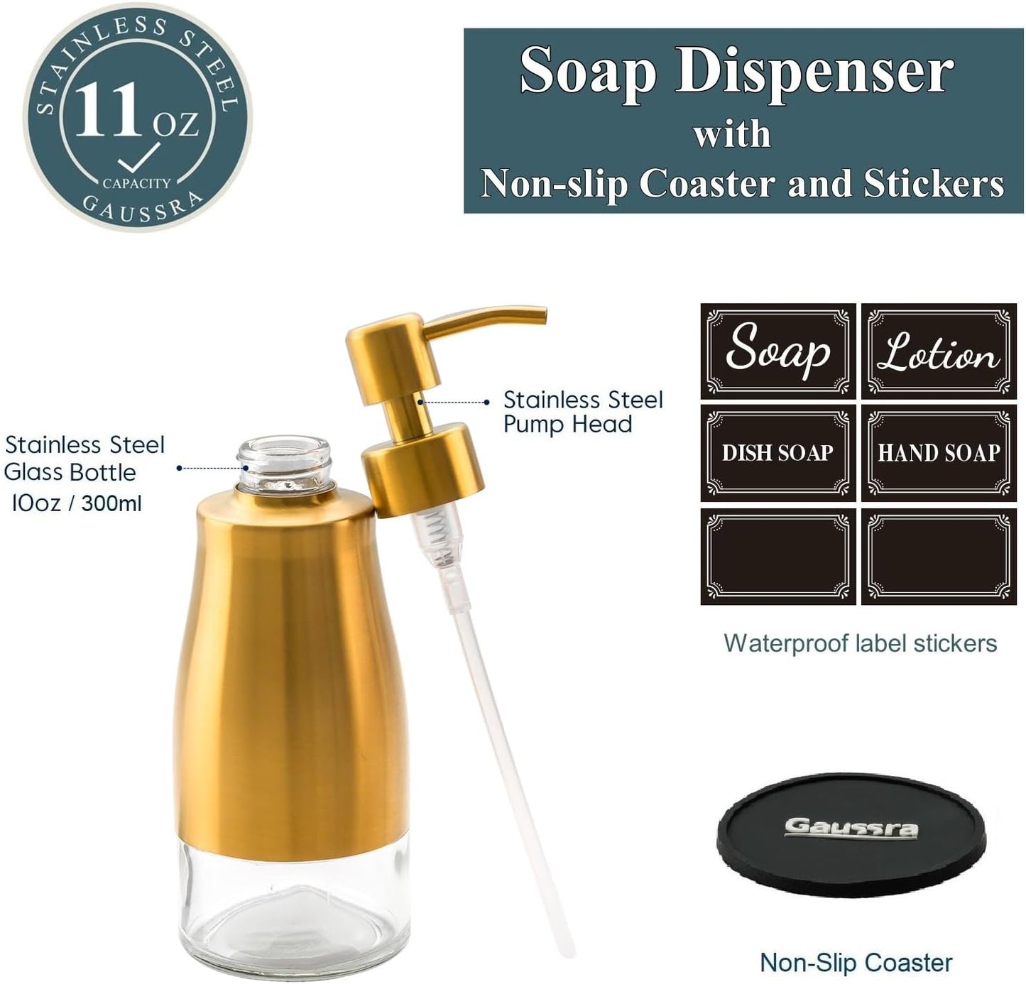Gaussra Soap Dispenser with Coaster and Stickers, Brushed Gold Stainless Steel Glass Hand Pump Dispenser, Anti Rust Bottle, for Kitchen & Bathroom Detergent Bottle,Refillable Hand Liquid Dispenser