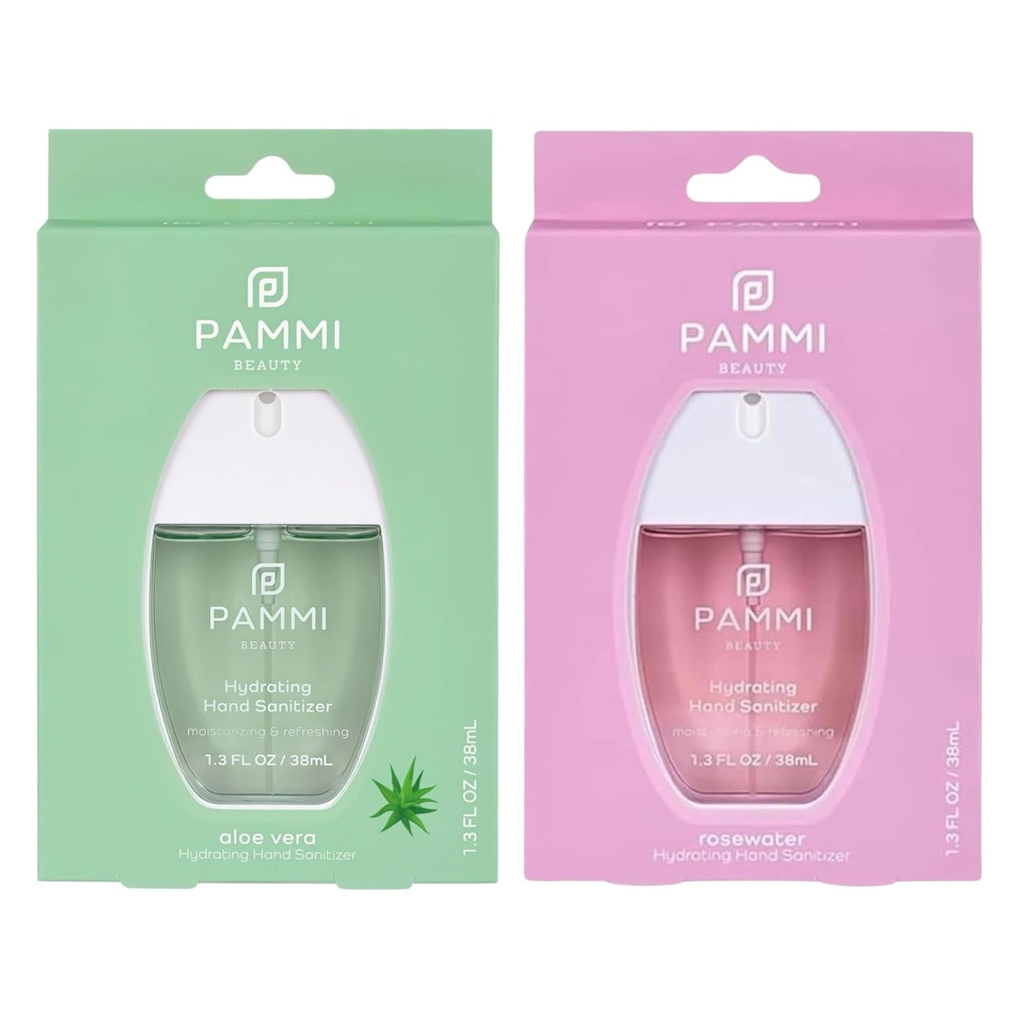 PAMMI Power Mist Hydrating Hand Sanitizer Spray, Portable Travel Size Pocket Hand Sanitizer, Scented Handsanitizer Mini Spray For Car - 600 Sprays (2 Pack (Aloevera, Rose))