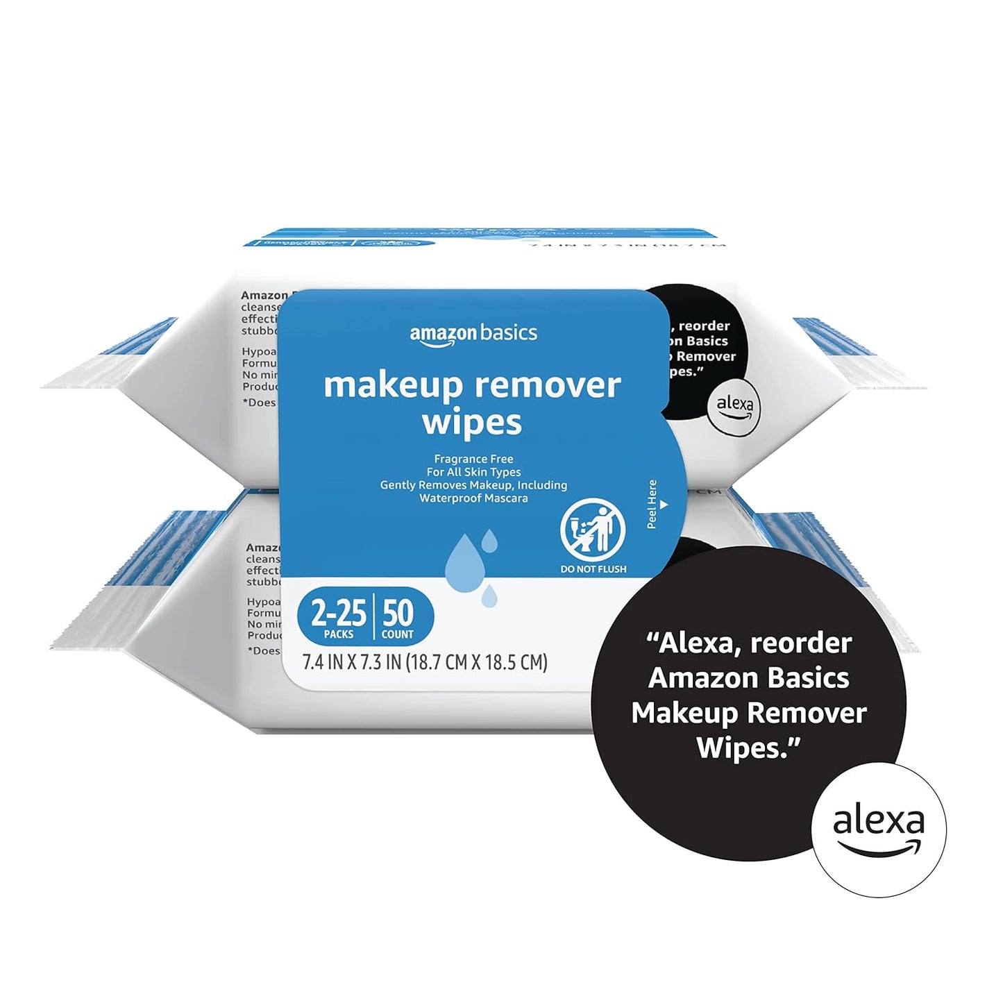 Amazon Basics Makeup Remover Wipes, Fragrance- and Alcohol-Free, Gentle Cleansing, Removes Waterproof Mascara, Dermatologist Tested, 25 Count, Pack of 2 (Previously Solimo)