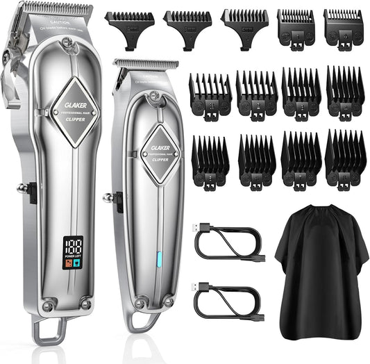 GLAKER Hair Clippers for Men Professional - Cordless Clippers and Trimmers Set, Complete Barber Kit for Hair Trimming & Beard Grooming, Mens Haircutting Kits for Blending & Fade Cuts (Silver)