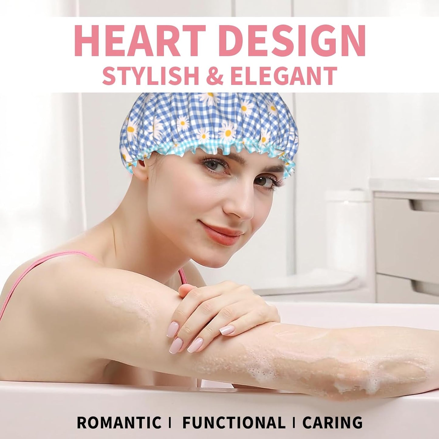 Blue Checkered Shower Caps for Women Daisy Flower Double Waterproof Layers Bath Hat Elastic Reusable Hair Cap for Shower Cooking Clean Makeup