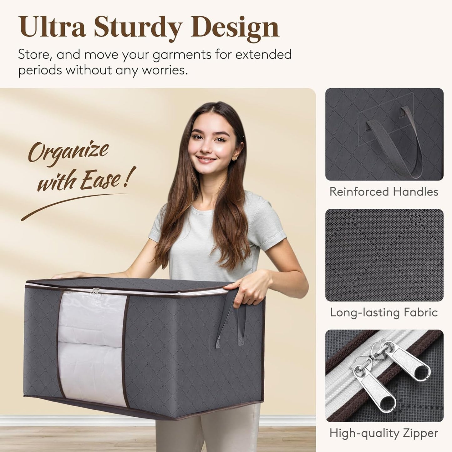 Lifewit 2 Pack Clothes Storage, Foldable Organization Bins with Lids and Clear Window for Blanket, in Closet with Reinforced Handles for Clothing, Bedding, Gray