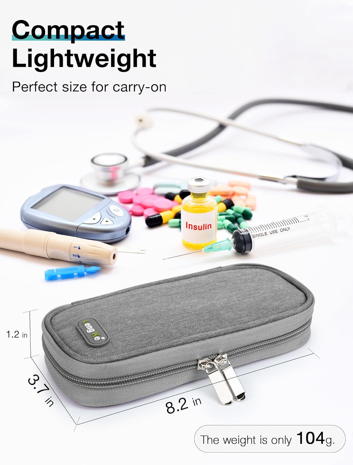 Leng Ke Insulin Cooler Travel Case - Portable Insulated Medication Bag for Insulin Pens & Blood Glucose Monitor Supplies, Diabetic Travel Case - TSA Approved (Grey)