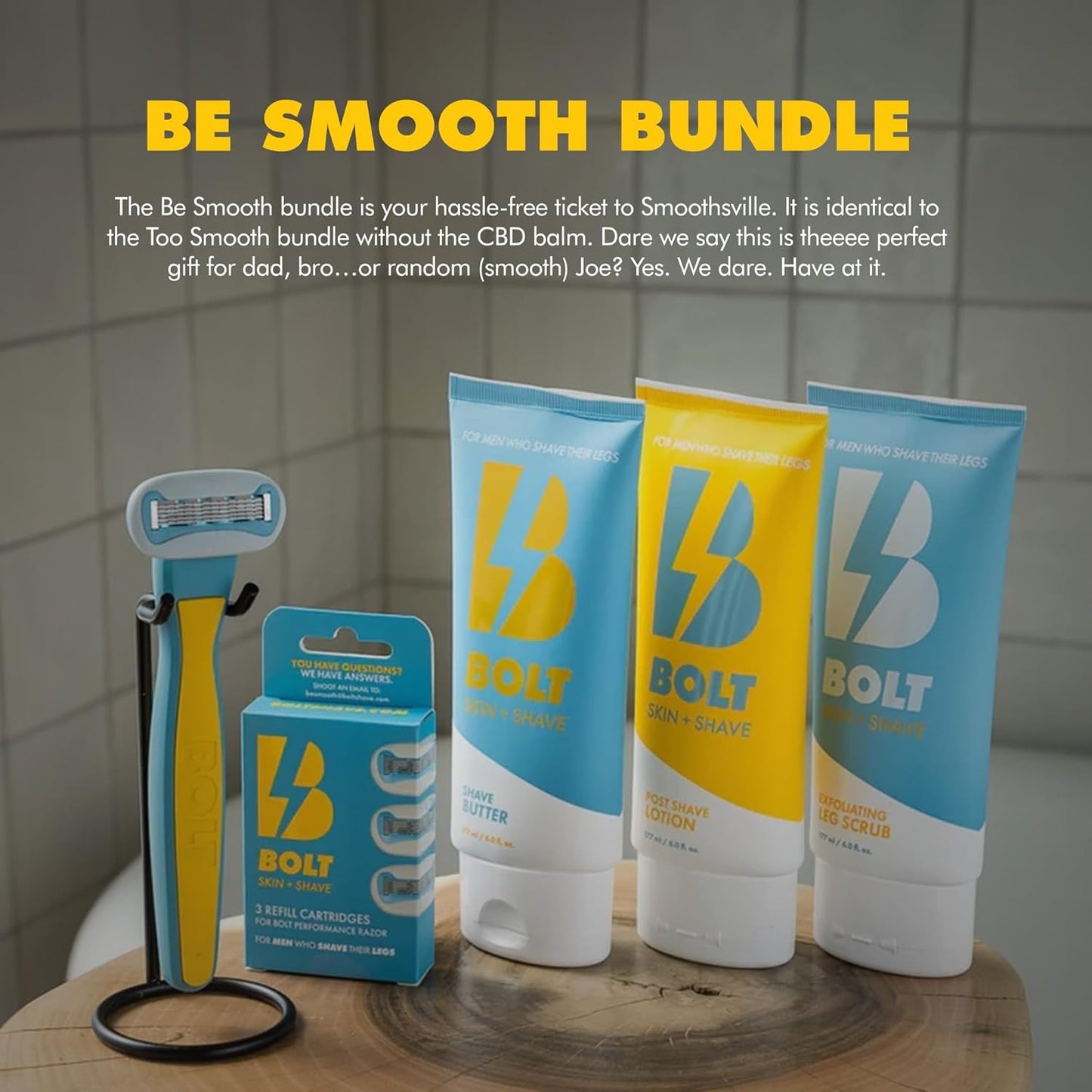 Be Smooth Men's Bundle - Complete Shaving Kit for Legs, Head, Chest & Arms with Razor, 3 Cartridges, Shave Butter, Scrub & Lotion