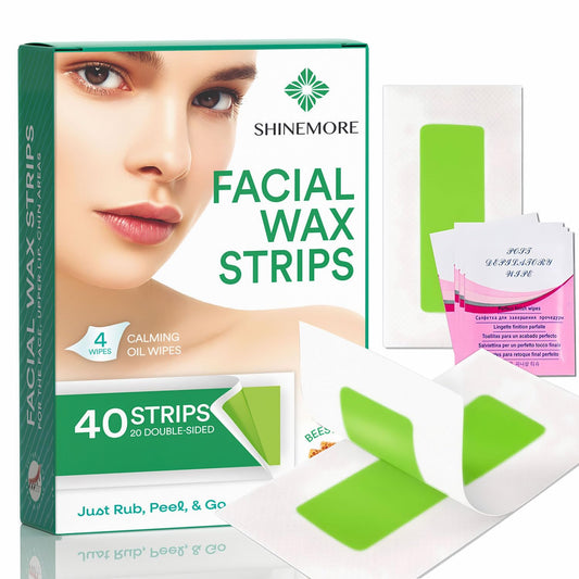 ShineMore Facial Wax Strips for hair removal - Hypoallergenic for All Skin Types - - Gentle and Fast-Working for Face, Eyebrow, Upper Lip, and Chin (40 Women Wax Strips + 4 Calming Oil Wipes NATURE NATION Ingredients )