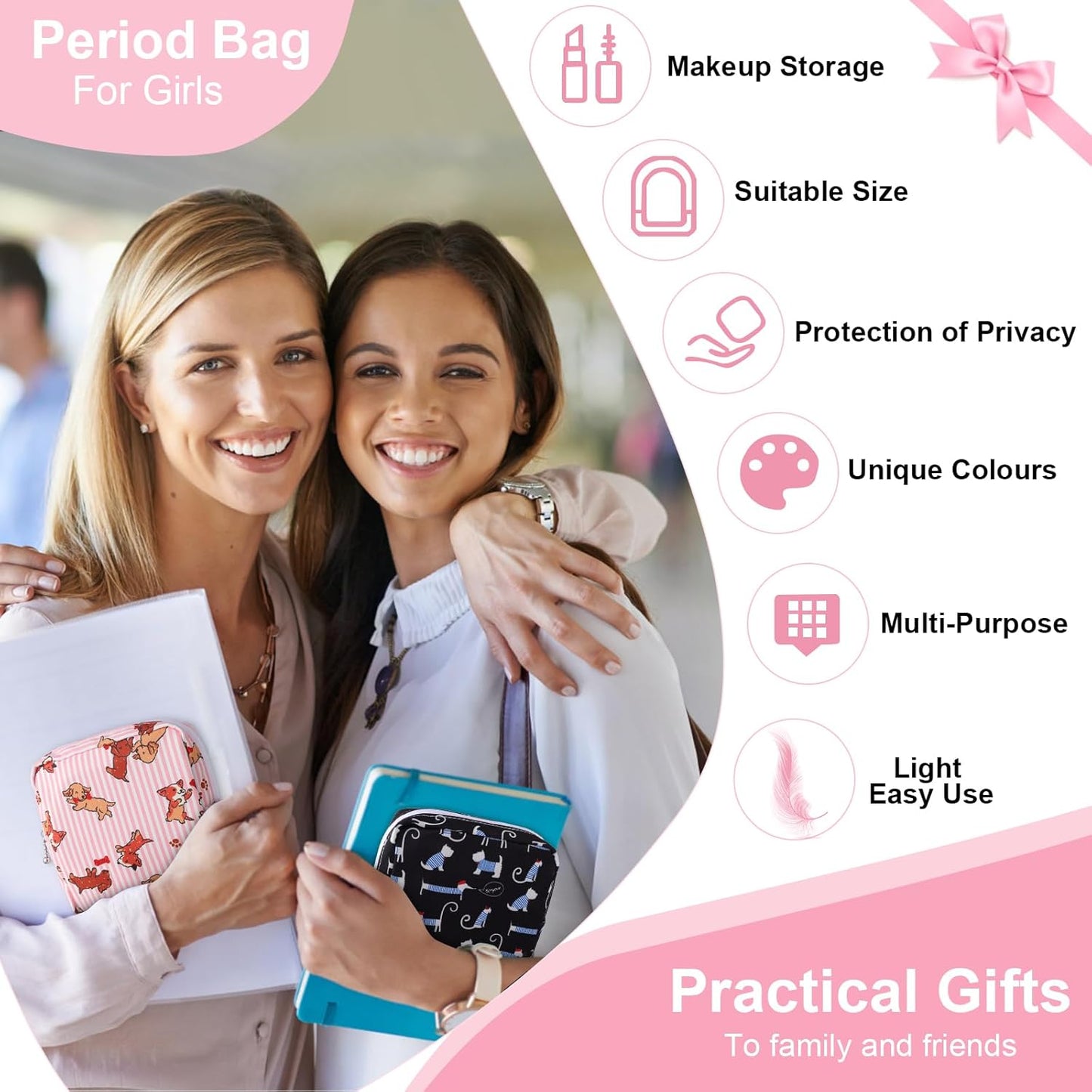 Desing Wish Sanitary Pad Storage Bag Portable Period Bag for Teen Pads/Sanitary Napkins/Small Tampons, Sanitary Napkin Storage Bag First Period Gifts for Teen Girls (Bowknot Rabbit)