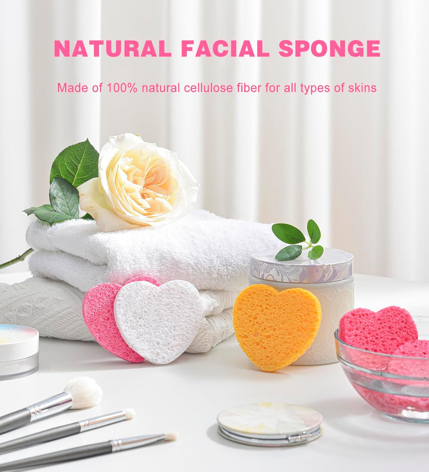50-Count Compressed Facial Sponges for Estheticians- 100% Natural Cellulose Face Sponge Spa Sponges for Face Cleansing, Massage, Pore Exfoliating, Mask, Makeup Removal (Love-Pink)