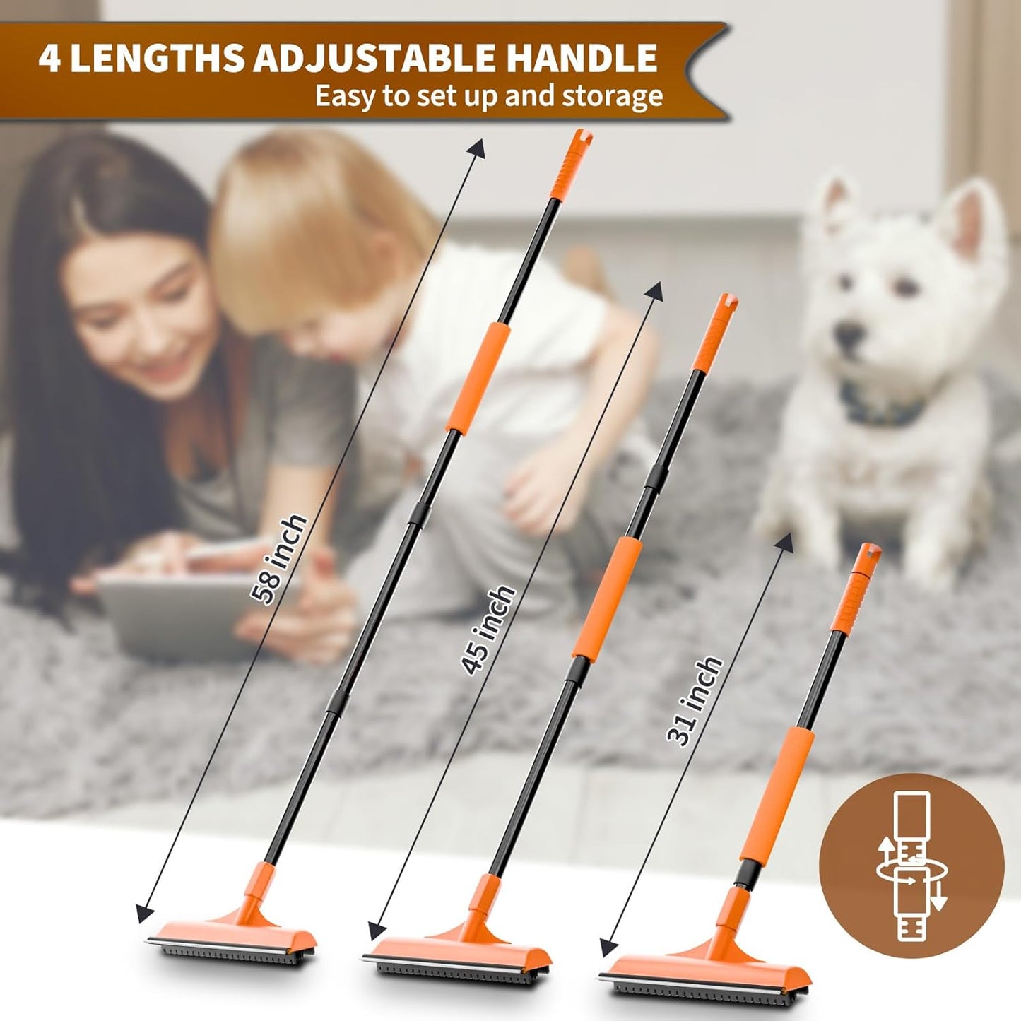 Carpet Rake for Pet Hair Removal - 3 in 1 Pet Hair Remover Tool with 58" Adjustable Long Handle,Reusable Dog & Cat Carpet Scraper,Pet Hair Remover for Rugs,Mats,Couch,Curtains(Orange)