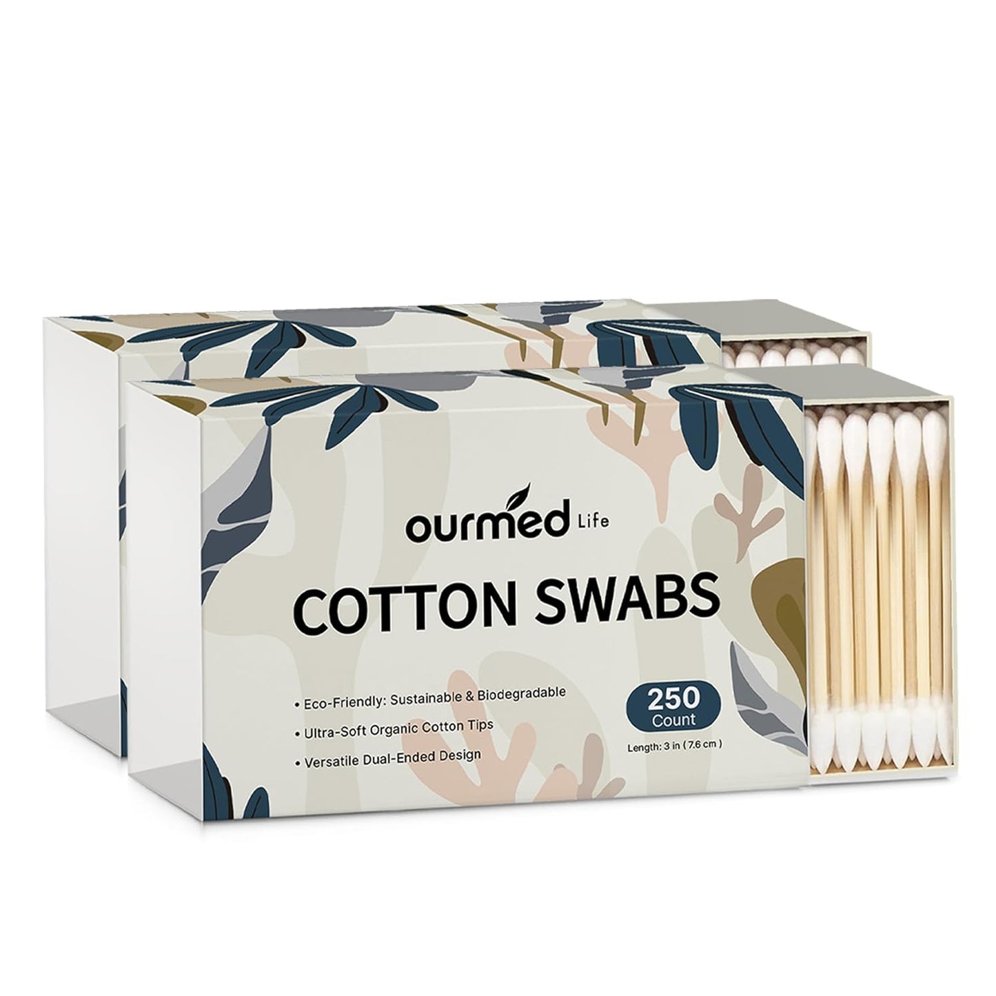 Ourmed Life Cotton Swabs - Biodegradable Bamboo & Cotton, Double-Tipped Cleaning Swabs with Pointed & Round Tips, Hypoallergenic for Ear, Makeup, Eye Makeup Removal, Nail Polish Touch-Ups (500 Ct)