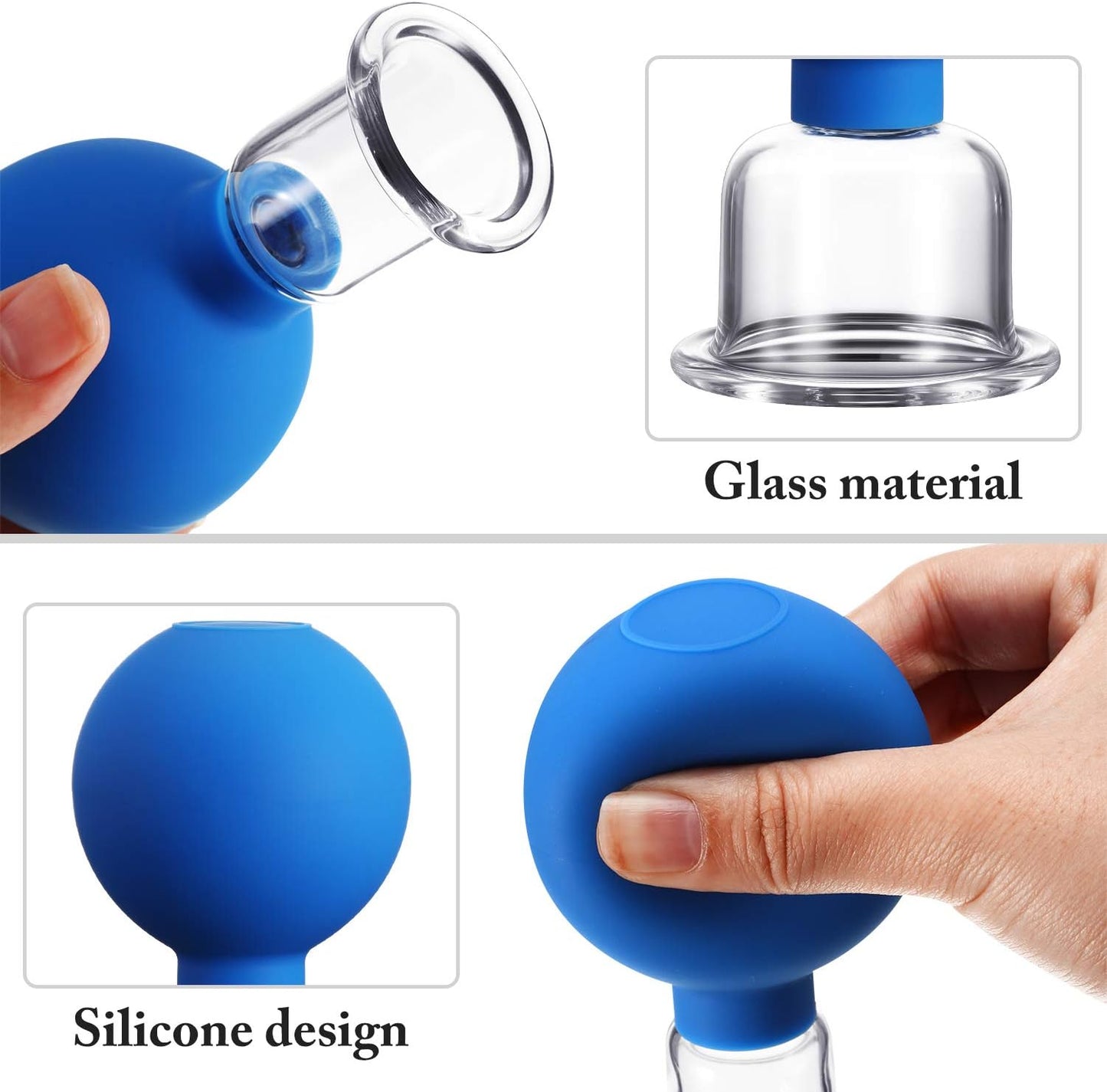 4 Pieces Glass Cupping Set Glass Silicone Cupping Cups Massage Vacuum Suction Cupping Cups for Body Face Leg Arm Back Shoulder Muscle and Joint Pain (Blue)