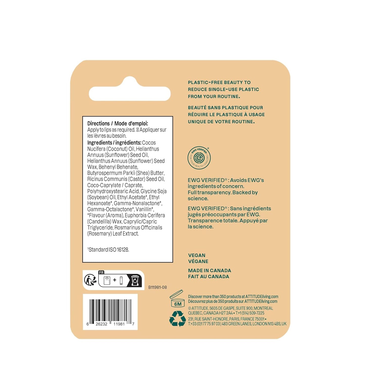 ATTITUDE Lip Balm, Natural Origin, Nourishes & Protects, Shea Butter, Coconut & Castor Oils, EWG Verified, For Dry Lips, Men and Women, Vegan, Coconut, 0.3 Oz