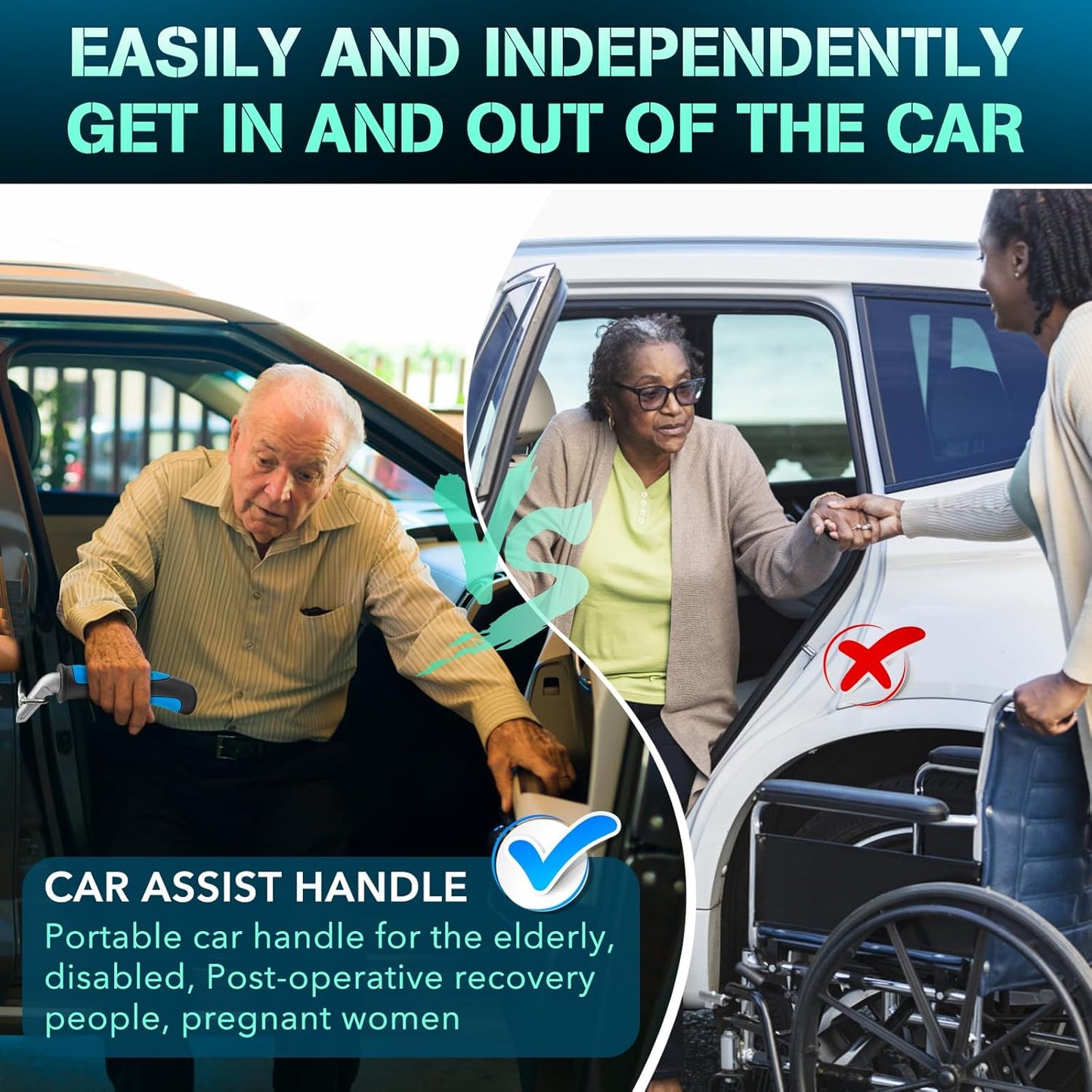 Car Door Handle for Elderly Car Handle Assist Support, Portable Auto Grab Handles for Handicap Seniors, Black and Blue 2 Pcs