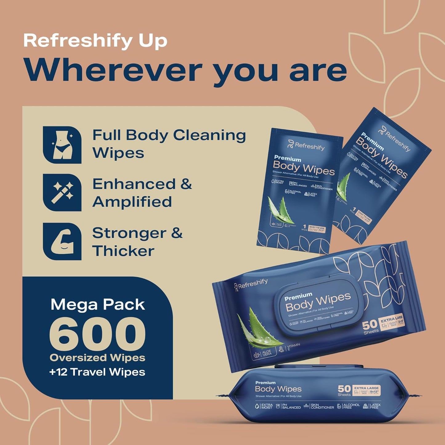 Extra Large Shower Body Wipes for Adults 8" x 12" (600 count) + 12 Travel Packs | Adult Wipes for Elderly, Bathing No Rinse, Vitamin E and Aloe, 12 Packs of 50