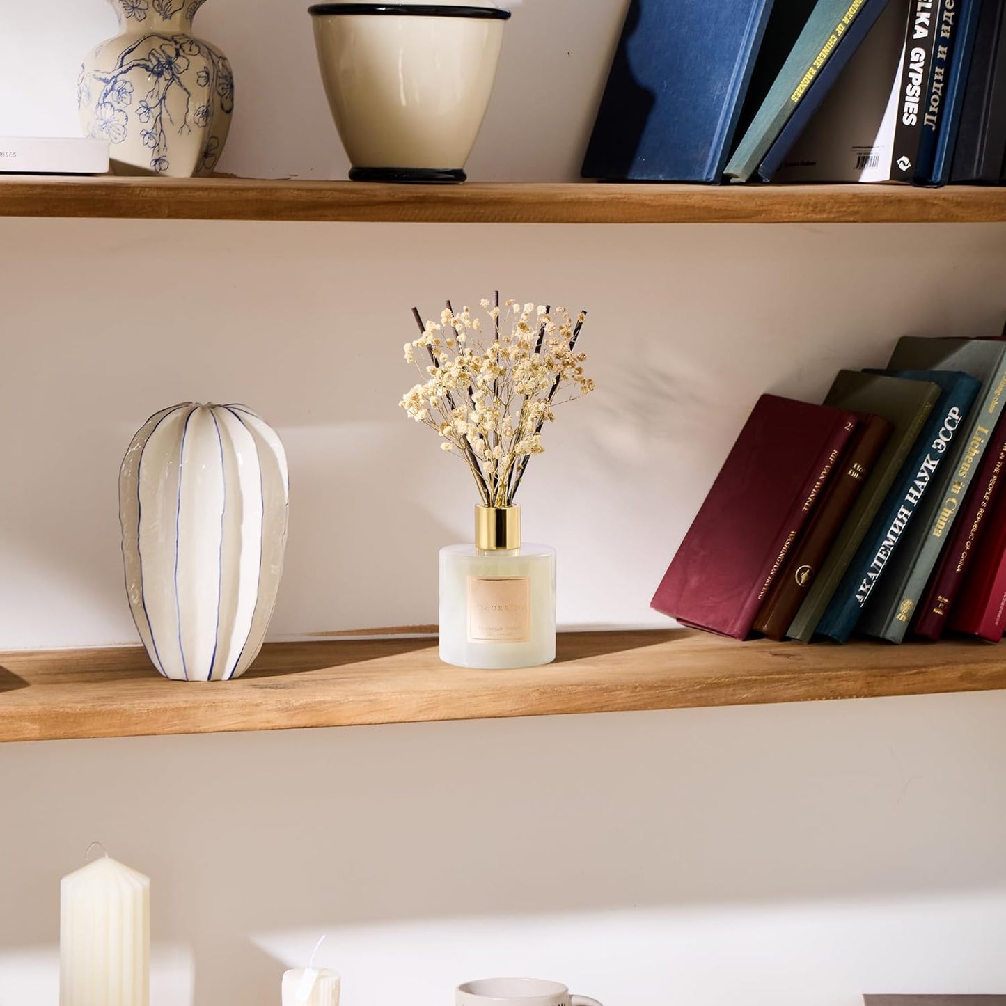 COCORRÍNA Reed Diffuser - Moroccan Amber 6.7 Fl.oz Reed Diffuser Set with Sticks & Preserved Baby's Breath, Reed Diffuser for Home Bathroom Shelf Decor